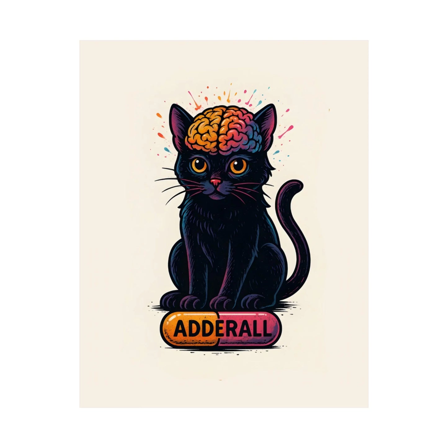 ADHD Cat Brain Art Print Black Cat with Activated Brain Poster Neurodivergent Illustration Funny Medication Pop Art Adderall Cat _ Poster _ SolisSleep _