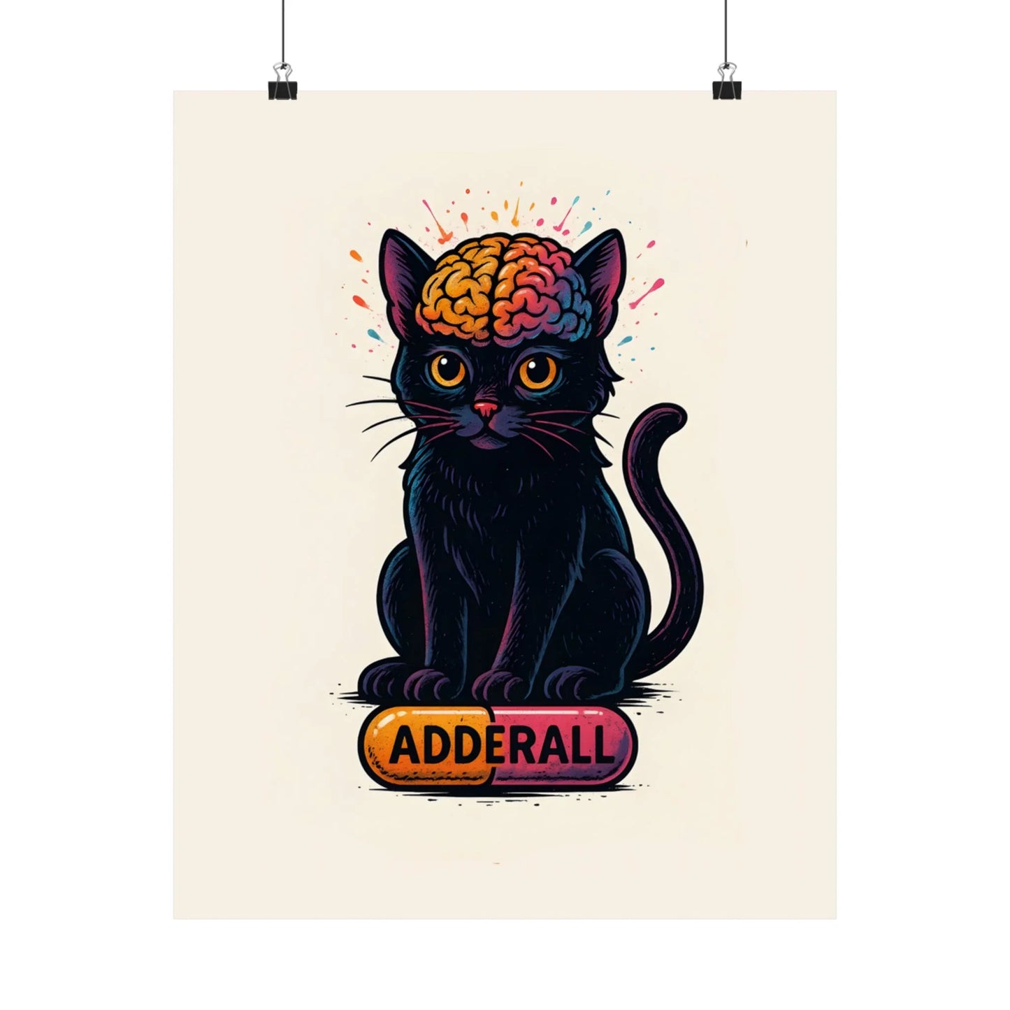 ADHD Cat Brain Art Print Black Cat with Activated Brain Poster Neurodivergent Illustration Funny Medication Pop Art Adderall Cat _ Poster _ SolisSleep _