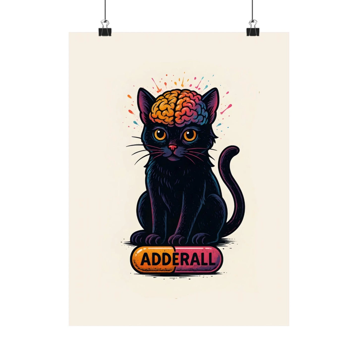 ADHD Cat Brain Art Print Black Cat with Activated Brain Poster Neurodivergent Illustration Funny Medication Pop Art Adderall Cat _ Poster _ SolisSleep _