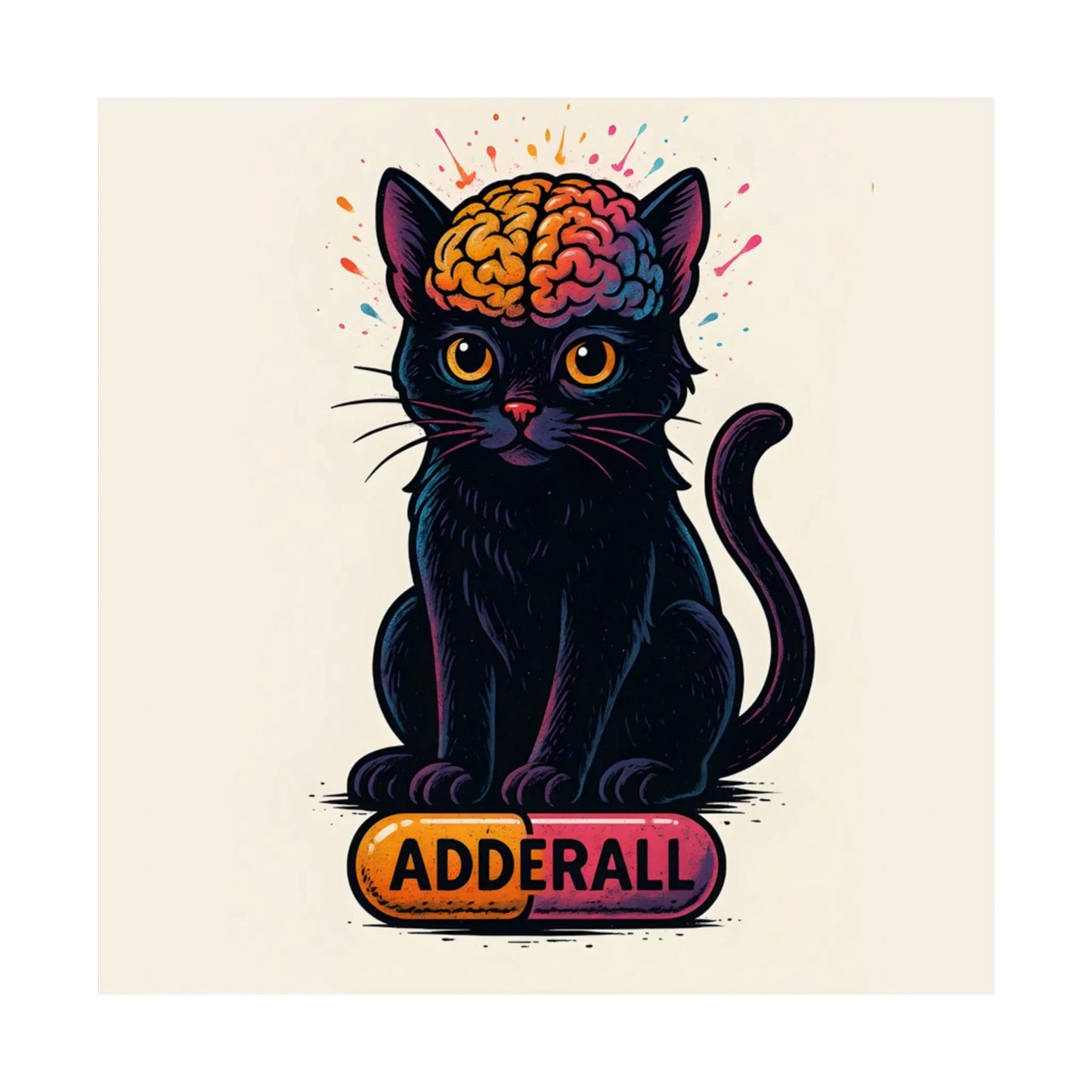 ADHD Cat Brain Art Print Black Cat with Activated Brain Poster Neurodivergent Illustration Funny Medication Pop Art Adderall Cat _ Poster _ SolisSleep _
