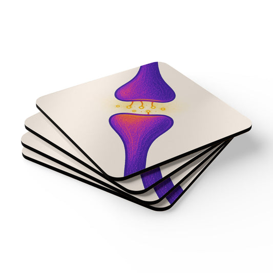 Neurotransmitter Purple Synapse Cork Coaster (4-Pack) _ Home Decor _ BioBrainBuddies _ biology gifts, brain art, brain coasters, geek gift, lab decor, nerdy home decor, neuron art gift, neuroscience decor, psychology student gift, purple aesthetic decor, science coasters, science teacher gift, scientist mug coaster, synapse coaster