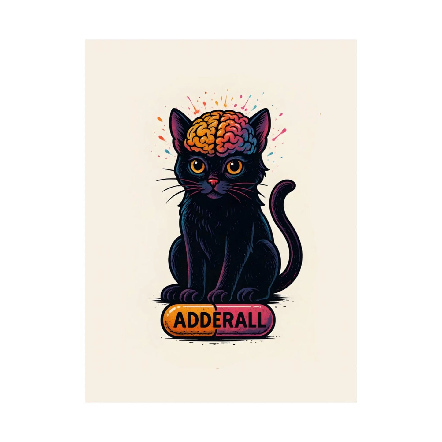 ADHD Cat Brain Art Print Black Cat with Activated Brain Poster Neurodivergent Illustration Funny Medication Pop Art Adderall Cat _ Poster _ SolisSleep _