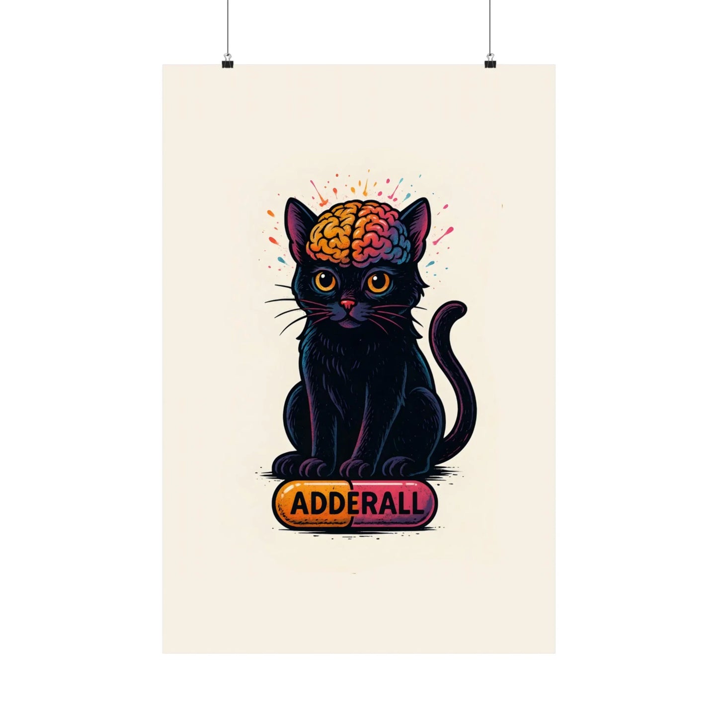 ADHD Cat Brain Art Print Black Cat with Activated Brain Poster Neurodivergent Illustration Funny Medication Pop Art Adderall Cat _ Poster _ SolisSleep _