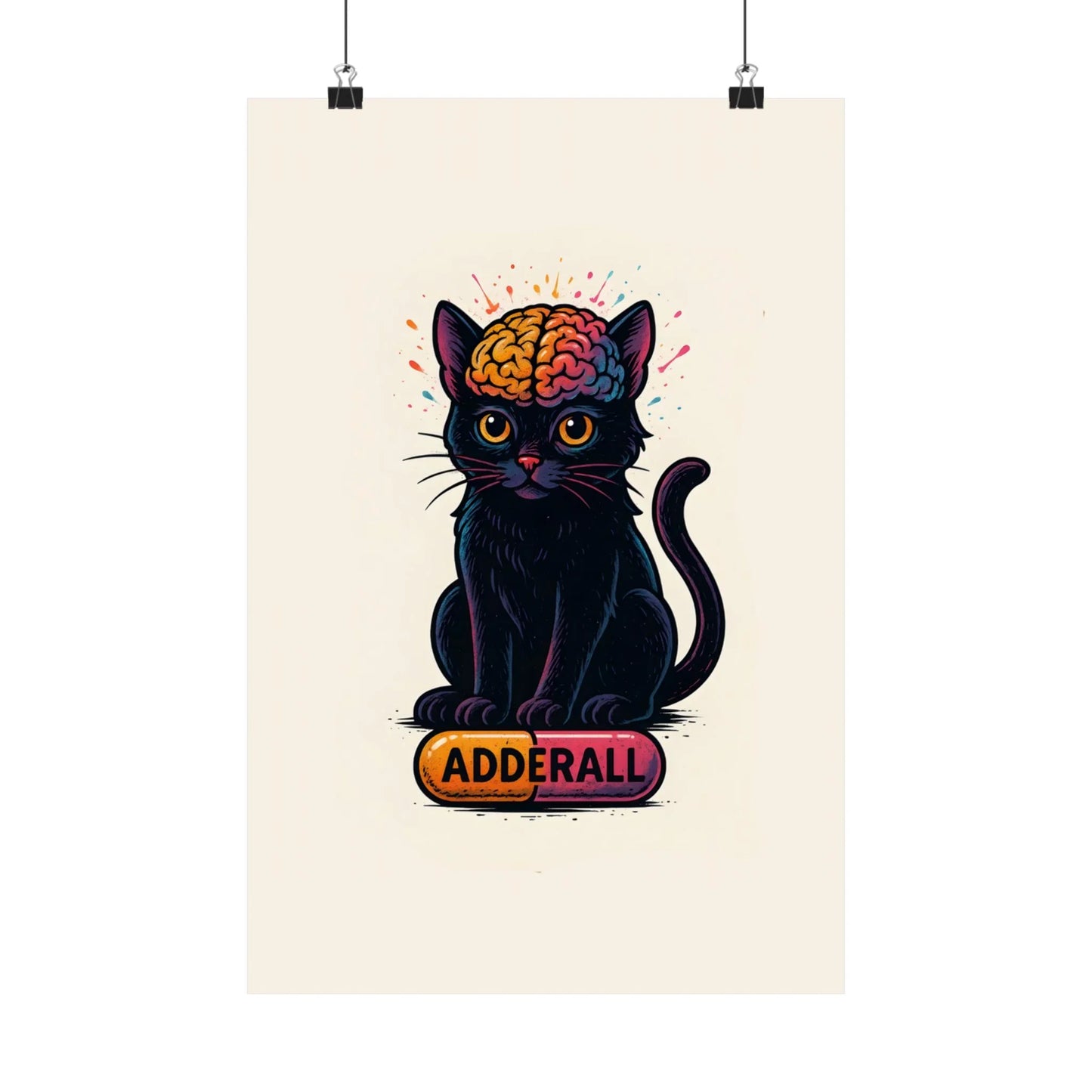 ADHD Cat Brain Art Print Black Cat with Activated Brain Poster Neurodivergent Illustration Funny Medication Pop Art Adderall Cat _ Poster _ SolisSleep _