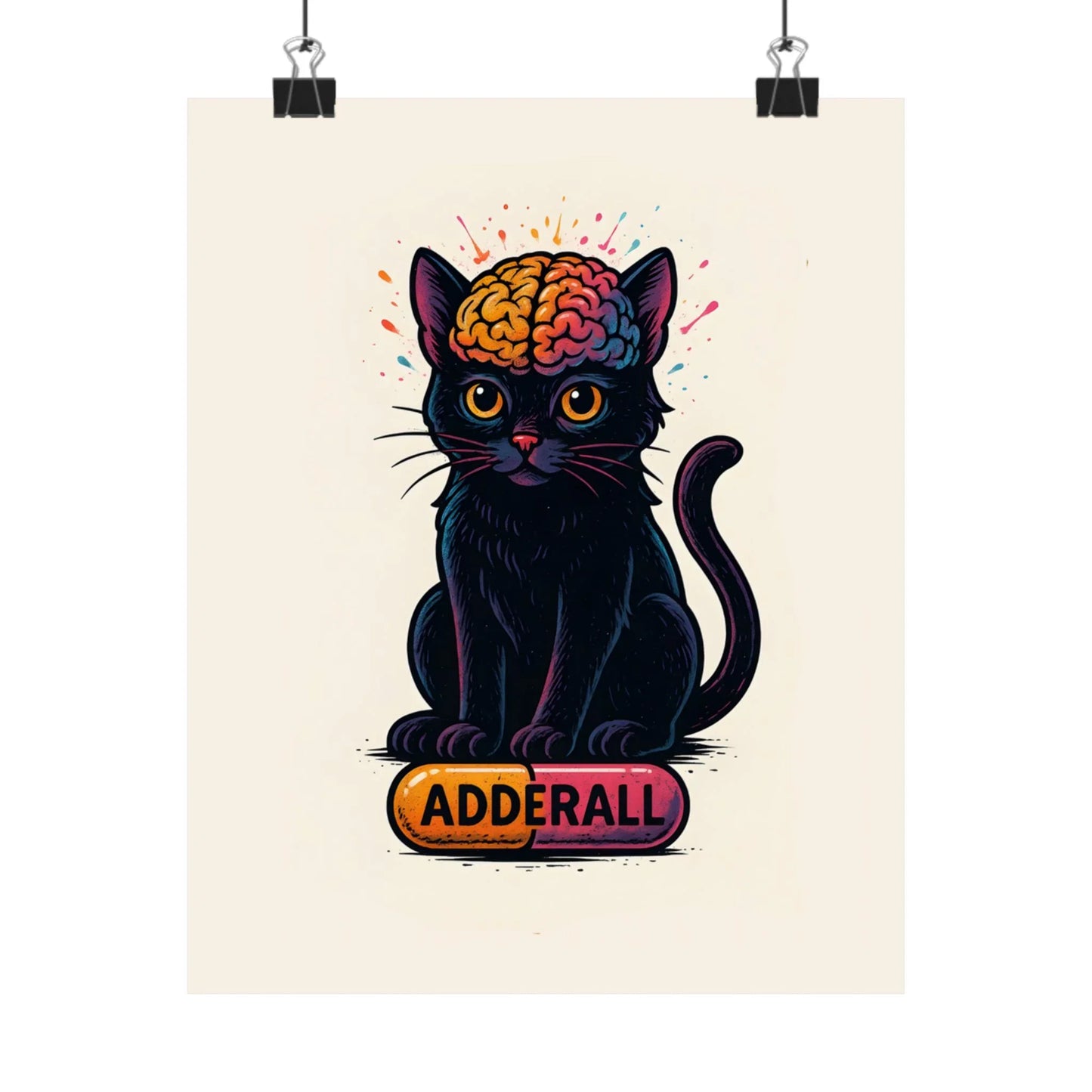 ADHD Cat Brain Art Print Black Cat with Activated Brain Poster Neurodivergent Illustration Funny Medication Pop Art Adderall Cat _ Poster _ SolisSleep _