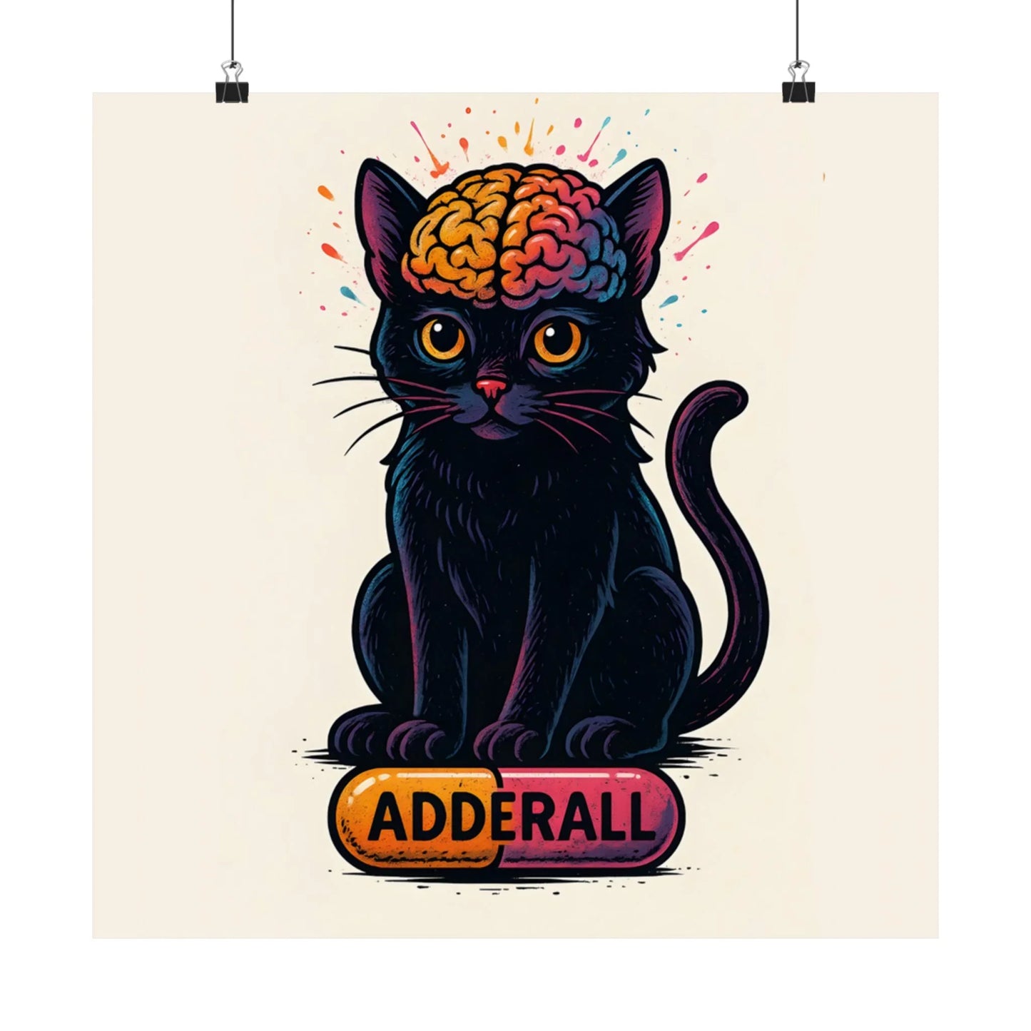 ADHD Cat Brain Art Print Black Cat with Activated Brain Poster Neurodivergent Illustration Funny Medication Pop Art Adderall Cat _ Poster _ SolisSleep _