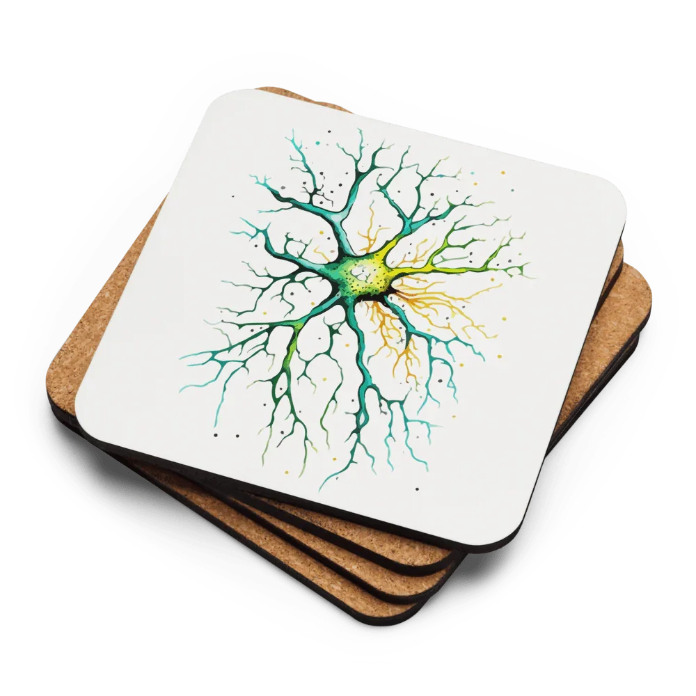 Neural Emerald - Cork-back coaster - Neuron Watercolour Style Print Art _ _ SolisSleep _