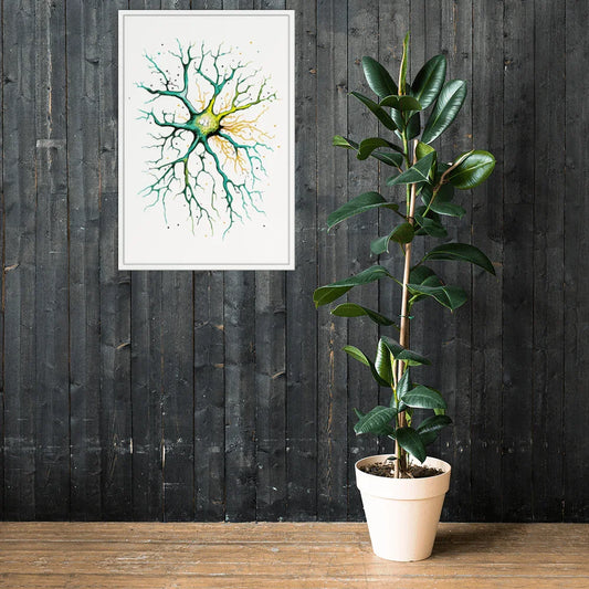 Neural Emerald - Framed Poster - Neuron Watercolour Style Print Art _ Poster _ SolisSleep _ biology gift, Brain, Brain anatomy, Brain design, Brain study aid, cells, Colorful wall art, neurology, Neurons, Neuroscience, Neuroscience poster, Psychology art, Science decor, Unique gift idea