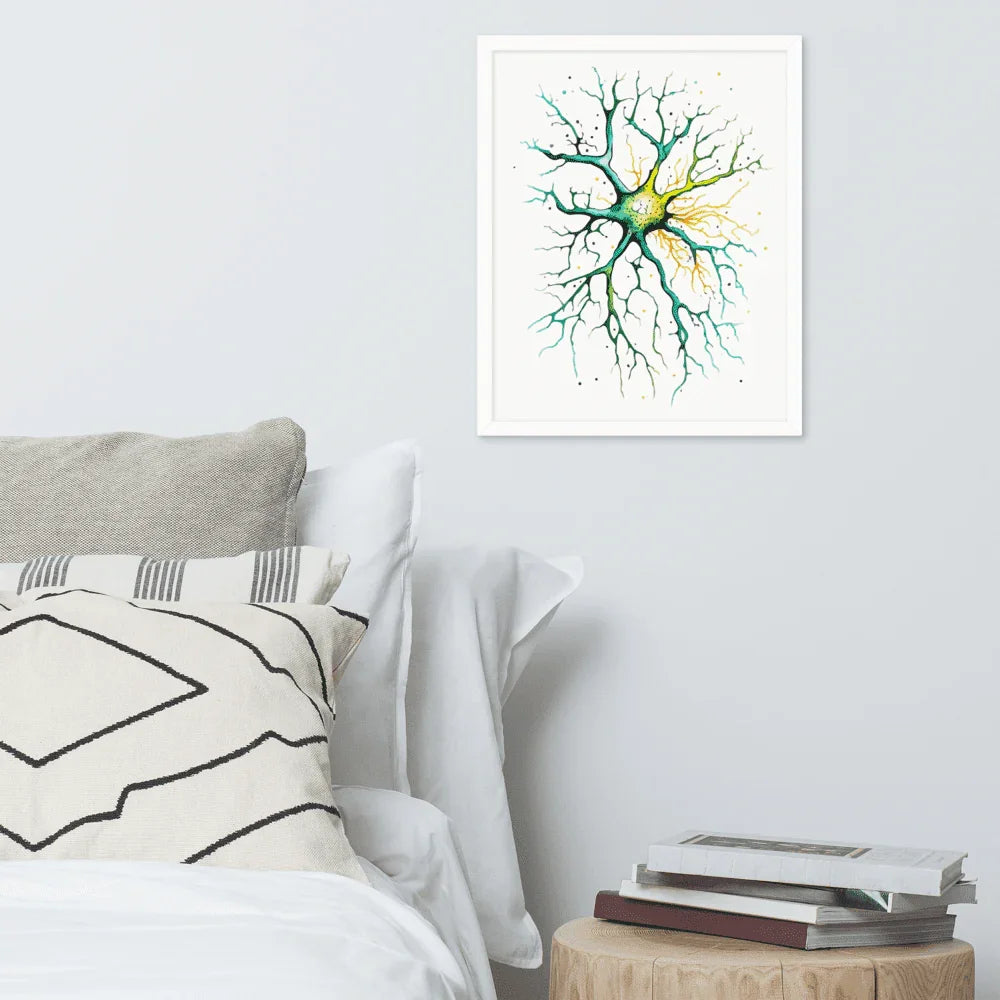 Neural Emerald - Framed Poster - Neuron Watercolour Style Print Art _ Poster _ SolisSleep _ biology gift, Brain, Brain anatomy, Brain design, Brain study aid, cells, Colorful wall art, neurology, Neurons, Neuroscience, Neuroscience poster, Psychology art, Science decor, Unique gift idea