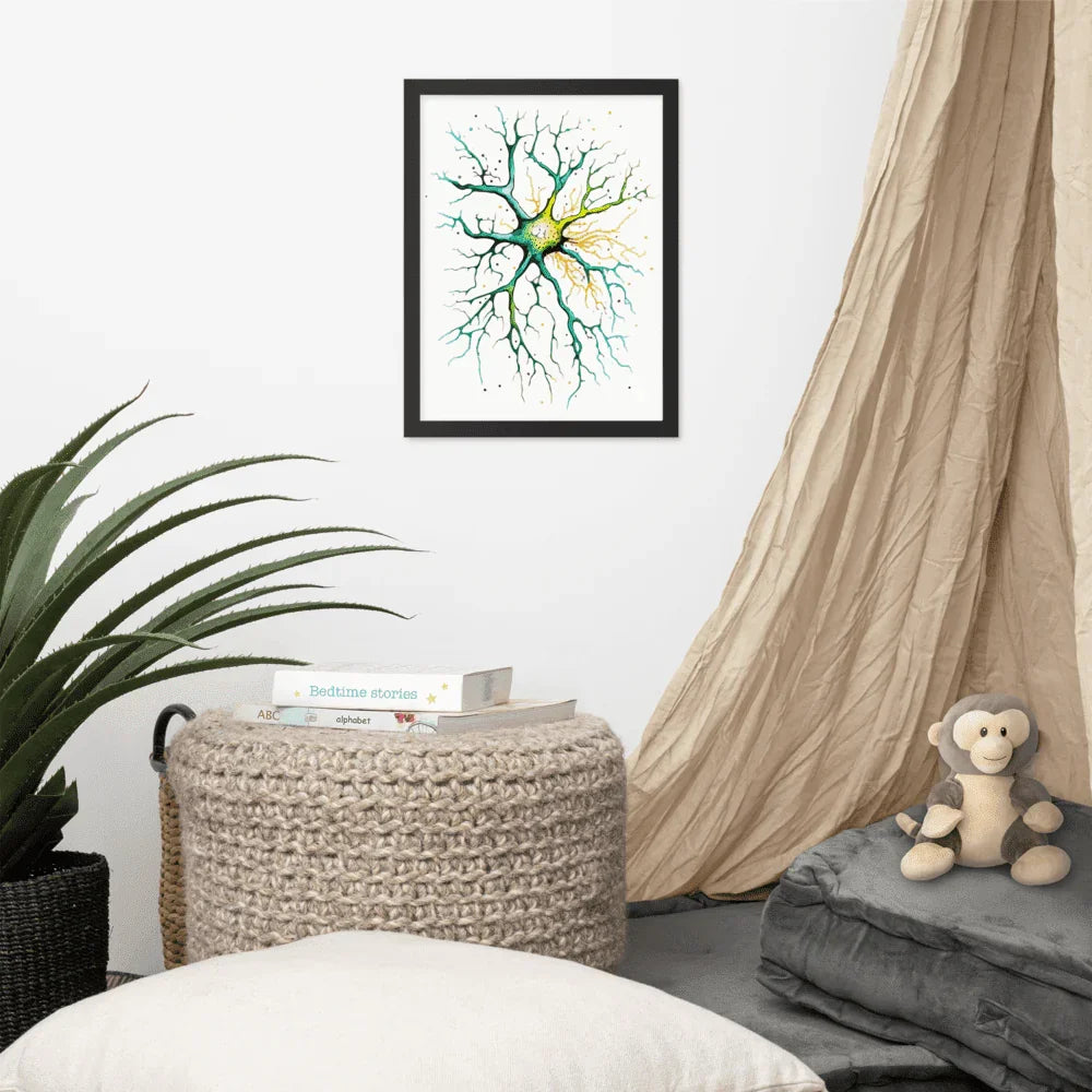 Neural Emerald - Framed Poster - Neuron Watercolour Style Print Art _ Poster _ SolisSleep _ biology gift, Brain, Brain anatomy, Brain design, Brain study aid, cells, Colorful wall art, neurology, Neurons, Neuroscience, Neuroscience poster, Psychology art, Science decor, Unique gift idea