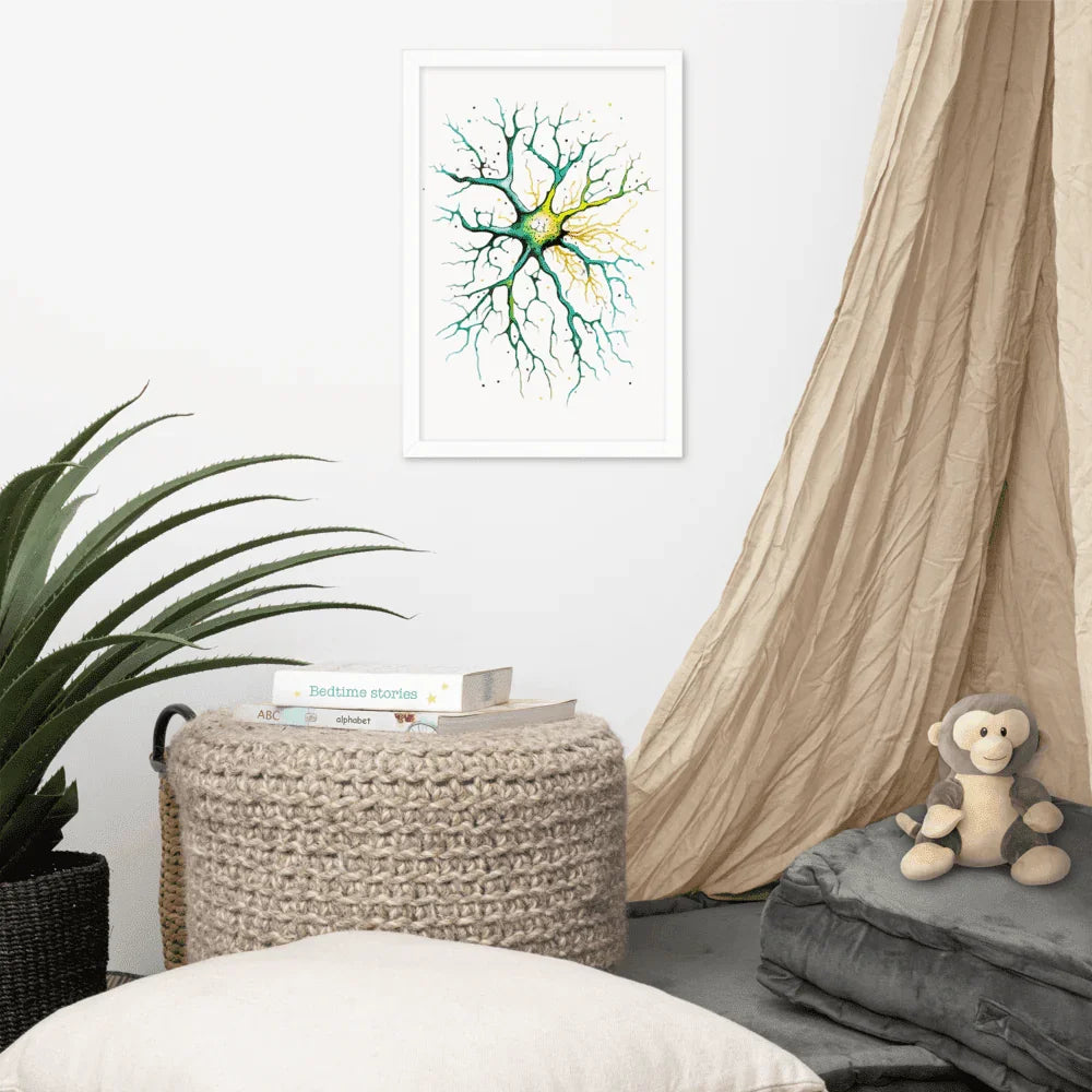 Neural Emerald - Framed Poster - Neuron Watercolour Style Print Art _ Poster _ SolisSleep _ biology gift, Brain, Brain anatomy, Brain design, Brain study aid, cells, Colorful wall art, neurology, Neurons, Neuroscience, Neuroscience poster, Psychology art, Science decor, Unique gift idea
