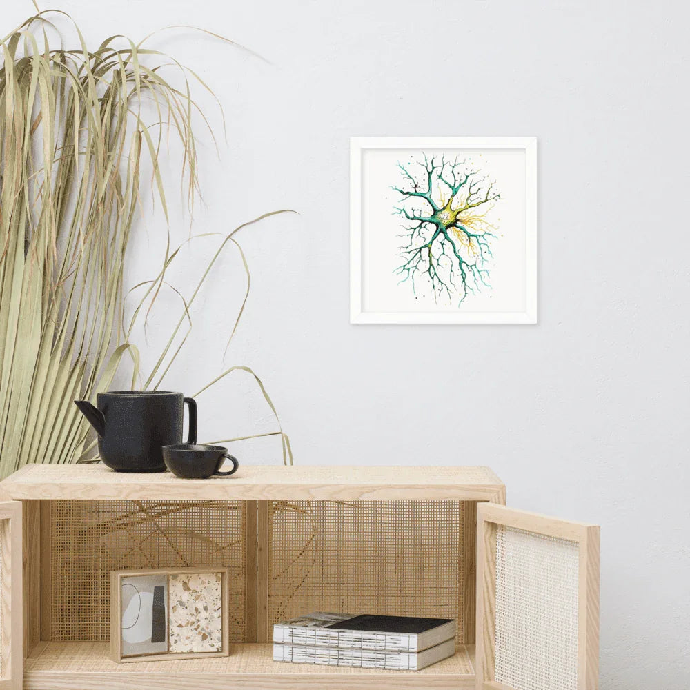 Neural Emerald - Framed Poster - Neuron Watercolour Style Print Art _ Poster _ SolisSleep _ biology gift, Brain, Brain anatomy, Brain design, Brain study aid, cells, Colorful wall art, neurology, Neurons, Neuroscience, Neuroscience poster, Psychology art, Science decor, Unique gift idea