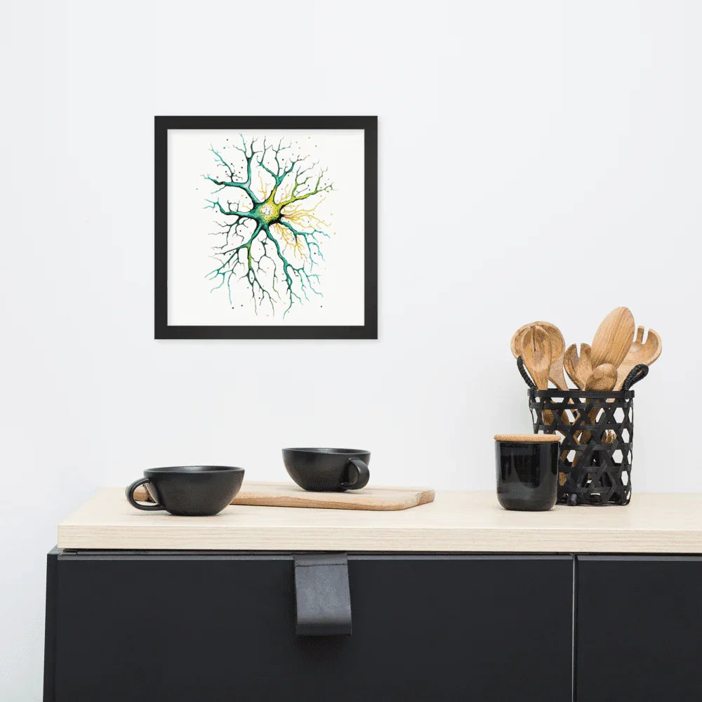 Neural Emerald - Framed Poster - Neuron Watercolour Style Print Art _ Poster _ SolisSleep _ biology gift, Brain, Brain anatomy, Brain design, Brain study aid, cells, Colorful wall art, neurology, Neurons, Neuroscience, Neuroscience poster, Psychology art, Science decor, Unique gift idea