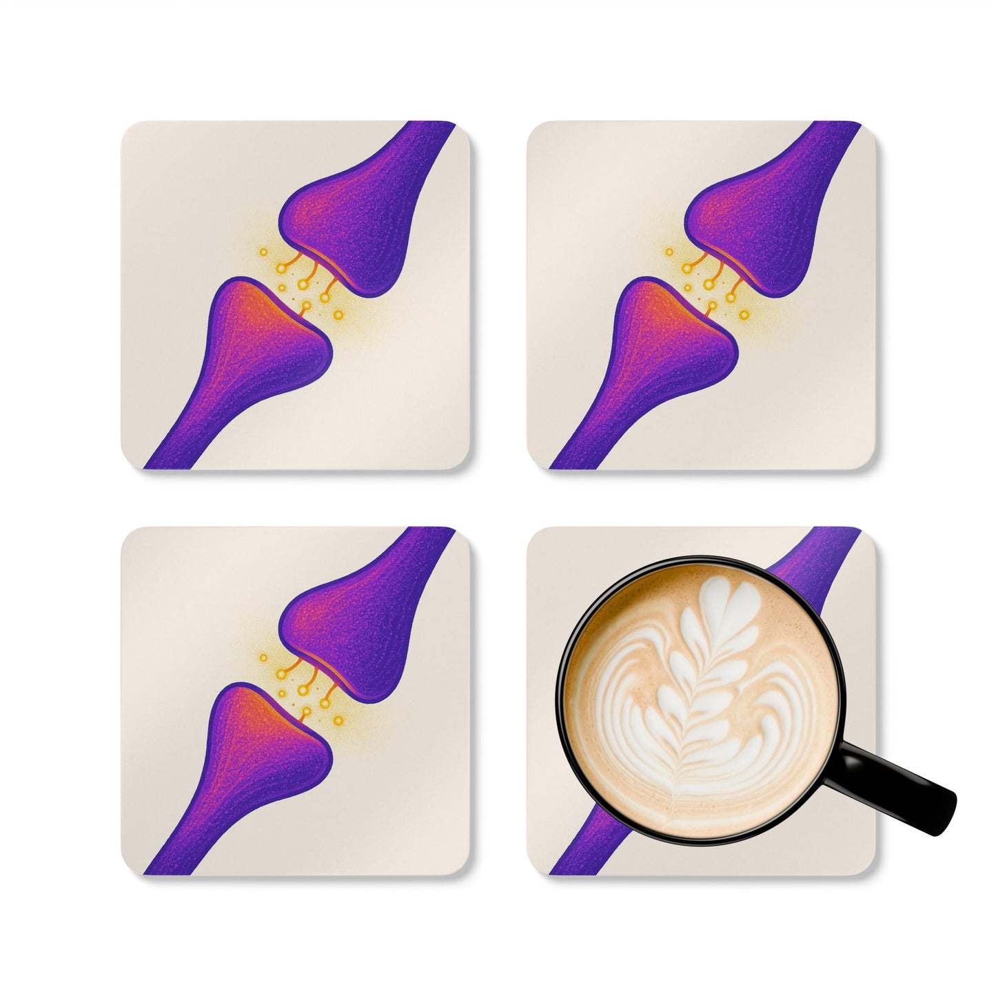 Neurotransmitter Purple Synapse Cork Coaster (4-Pack) _ Home Decor _ BioBrainBuddies _ biology gifts, brain art, brain coasters, geek gift, lab decor, nerdy home decor, neuron art gift, neuroscience decor, psychology student gift, purple aesthetic decor, science coasters, science teacher gift, scientist mug coaster, synapse coaster