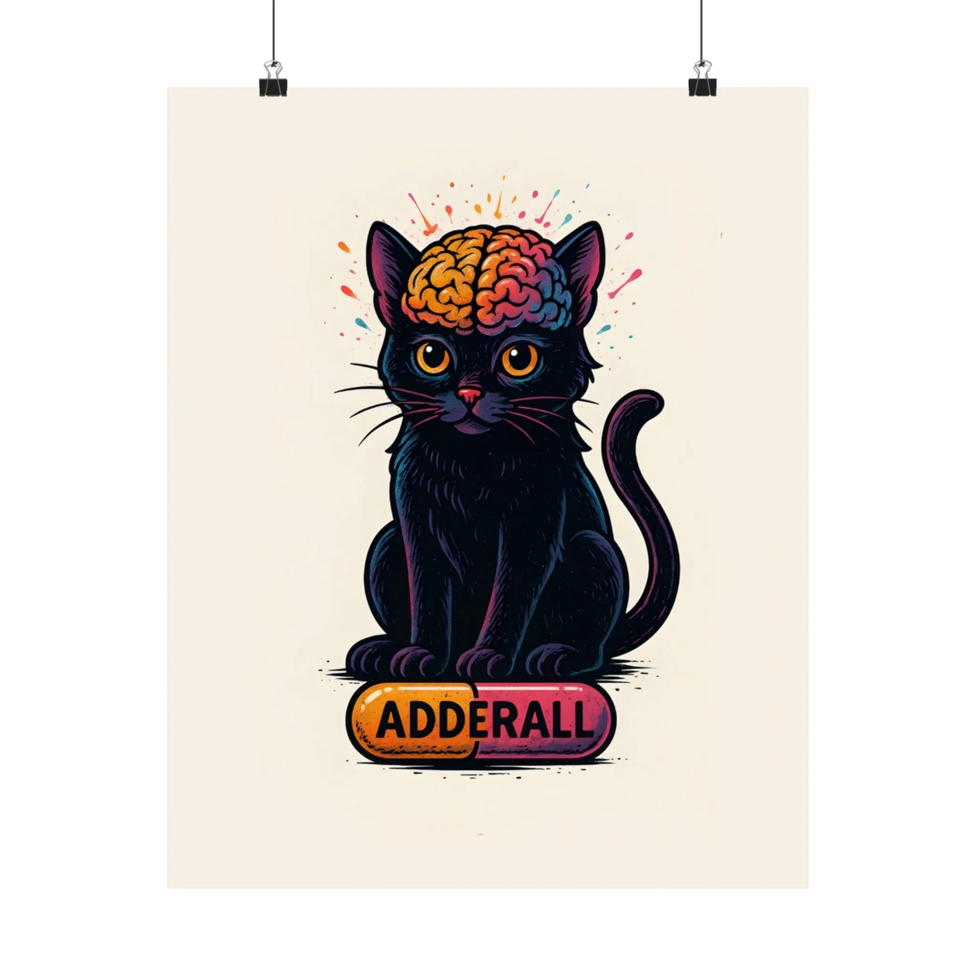 ADHD Cat Brain Art Print Black Cat with Activated Brain Poster Neurodivergent Illustration Funny Medication Pop Art Adderall Cat _ Poster _ SolisSleep _ 