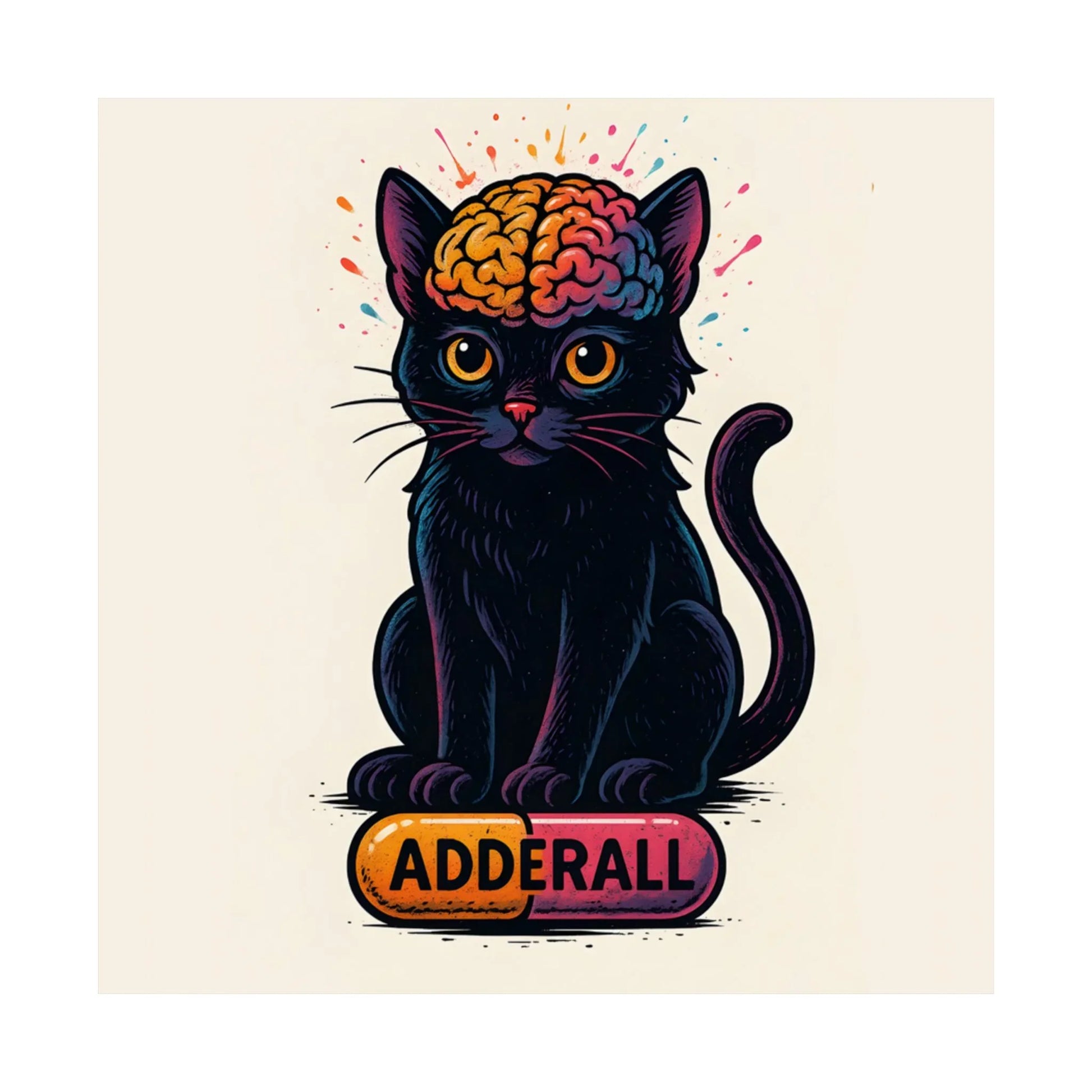 ADHD Cat Brain Art Print Black Cat with Activated Brain Poster Neurodivergent Illustration Funny Medication Pop Art Adderall Cat _ Poster _ SolisSleep _ 