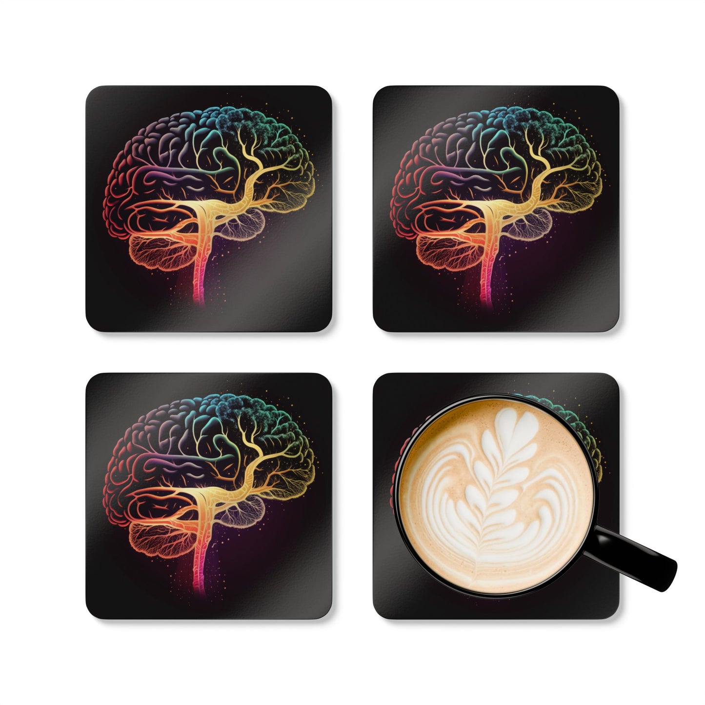 Colorful Brain Art Corkwood Coaster Set, Unique Home Decor, Gift for Neuro Lovers, Mindfulness Decor, Eco-Friendly Coasters