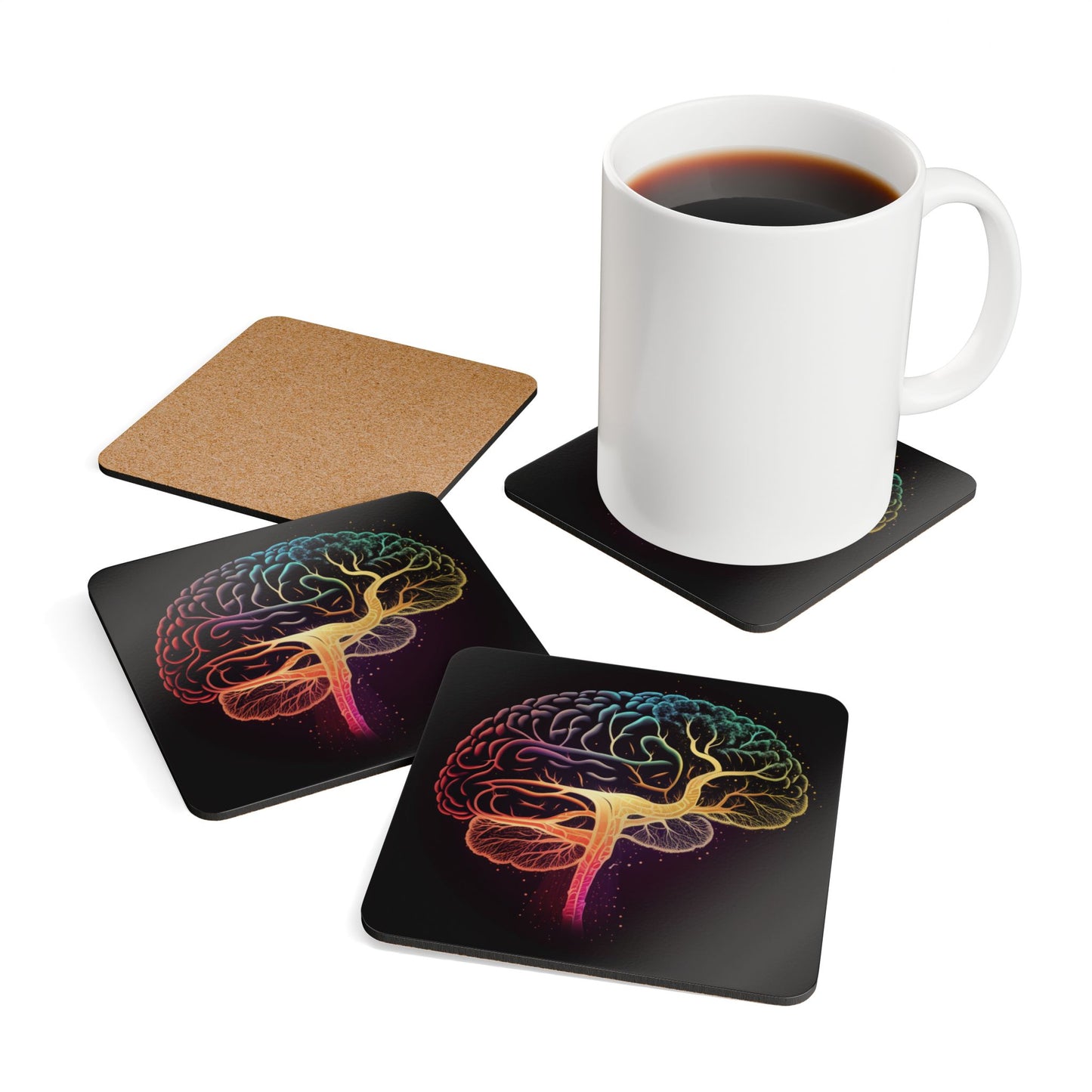 Colorful Brain Art Corkwood Coaster Set, Unique Home Decor, Gift for Neuro Lovers, Mindfulness Decor, Eco-Friendly Coasters