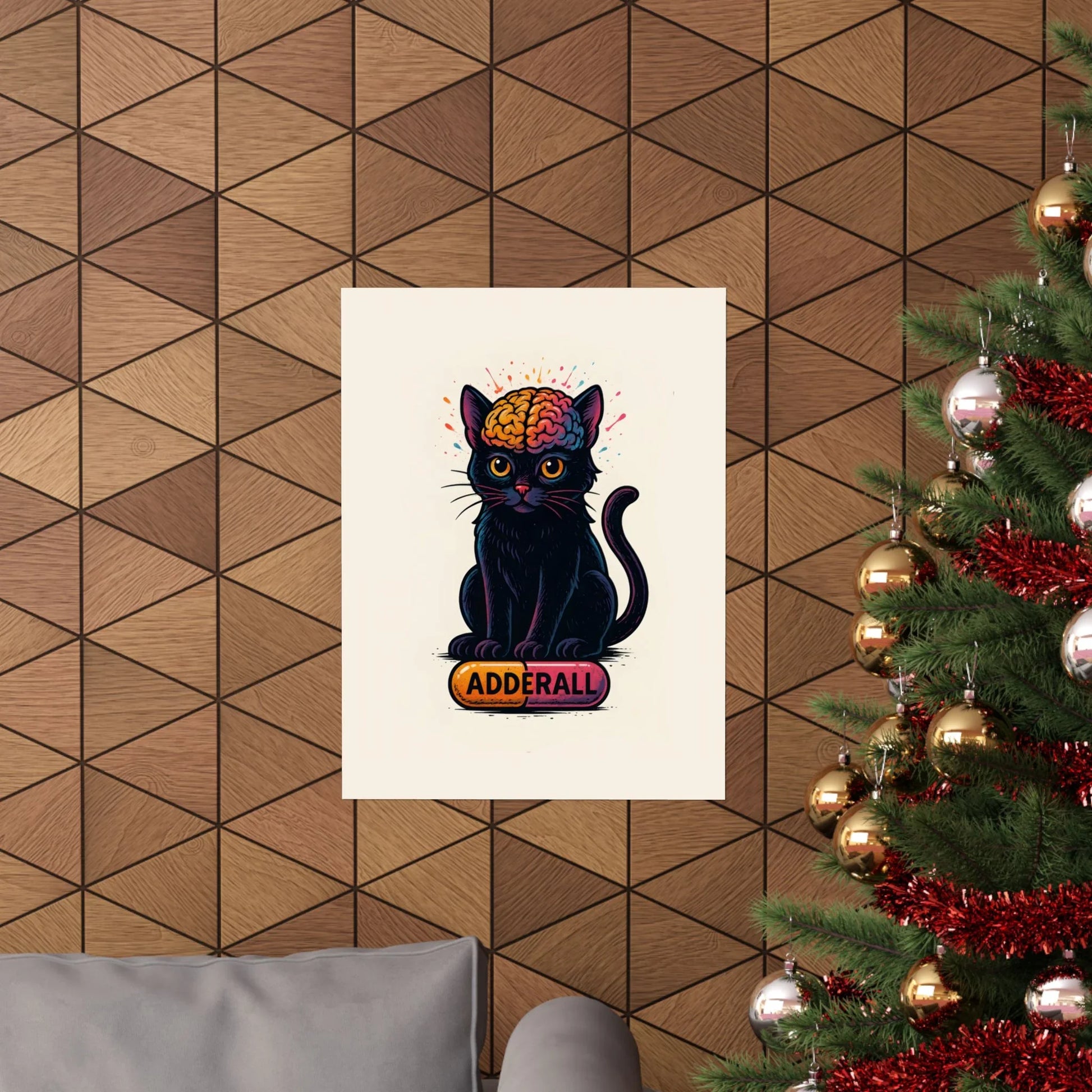 ADHD Cat Brain Art Print Black Cat with Activated Brain Poster Neurodivergent Illustration Funny Medication Pop Art Adderall Cat _ Poster _ SolisSleep _ 