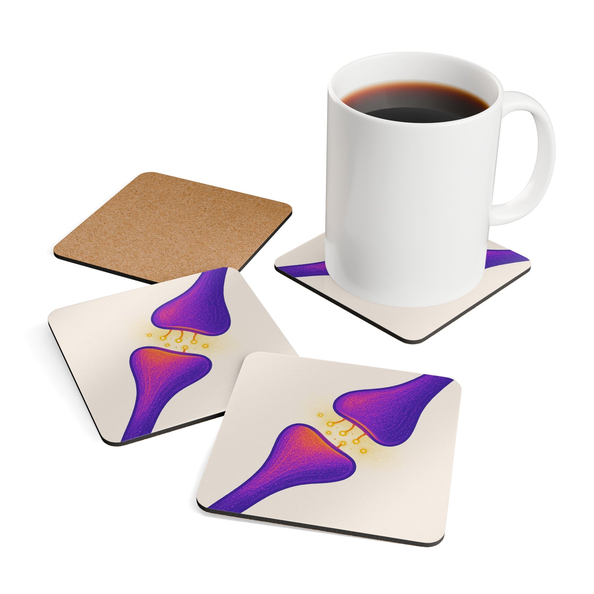 Neurotransmitter Purple Synapse Cork Coaster (4-Pack) _ Home Decor _ BioBrainBuddies _ biology gifts, brain art, brain coasters, geek gift, lab decor, nerdy home decor, neuron art gift, neuroscience decor, psychology student gift, purple aesthetic decor, science coasters, science teacher gift, scientist mug coaster, synapse coaster