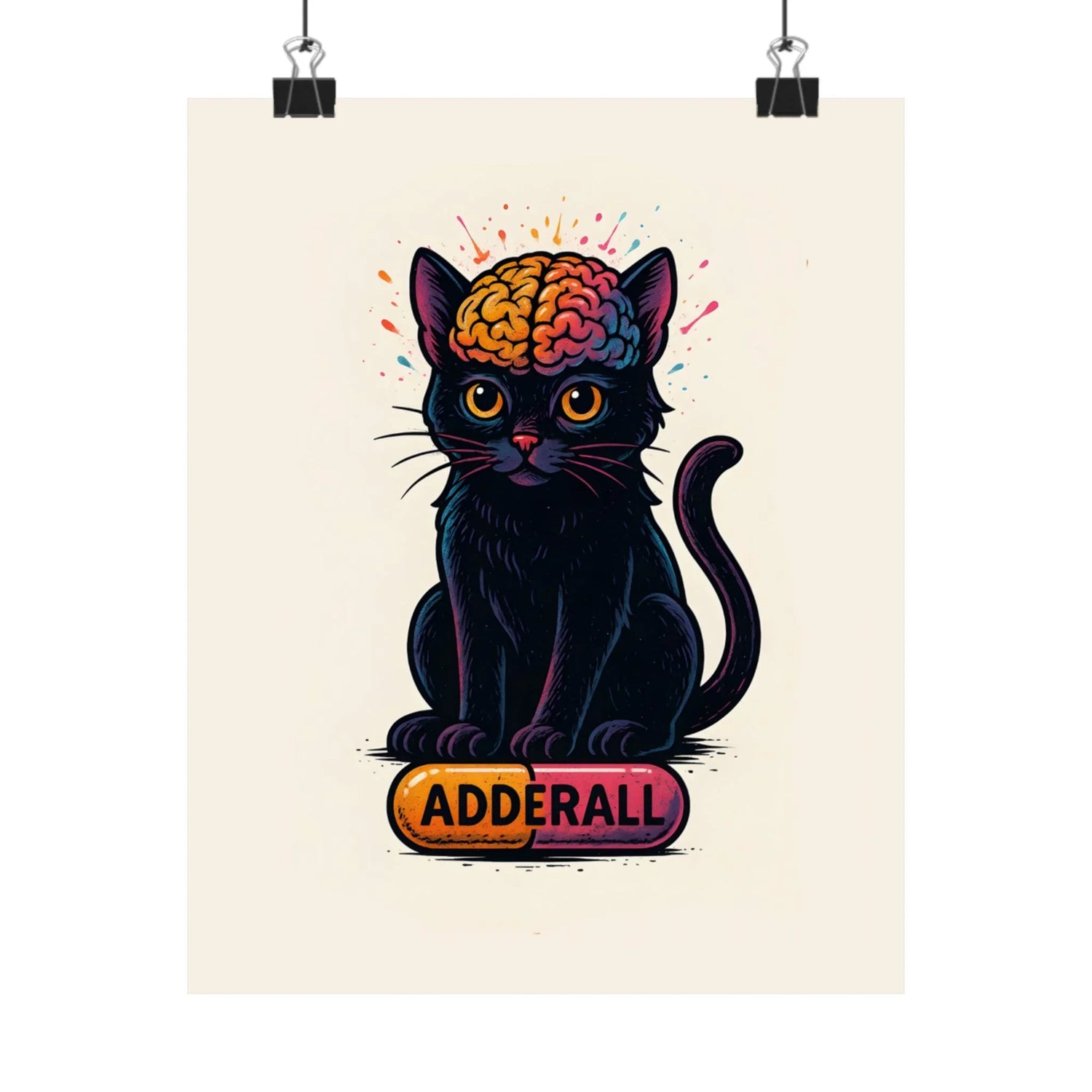 ADHD Cat Brain Art Print Black Cat with Activated Brain Poster Neurodivergent Illustration Funny Medication Pop Art Adderall Cat _ Poster _ SolisSleep _ 