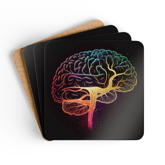 Colorful Brain Art Corkwood Coaster Set, Unique Home Decor, Gift for Neuro Lovers, Mindfulness Decor, Eco-Friendly Coasters