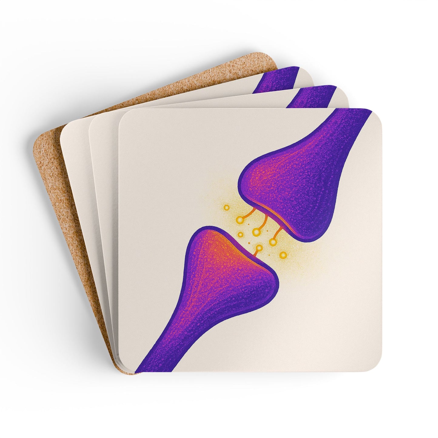 Neurotransmitter Purple Synapse Cork Coaster (4-Pack) _ Home Decor _ BioBrainBuddies _ biology gifts, brain art, brain coasters, geek gift, lab decor, nerdy home decor, neuron art gift, neuroscience decor, psychology student gift, purple aesthetic decor, science coasters, science teacher gift, scientist mug coaster, synapse coaster