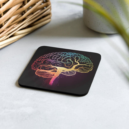 Brainstorm - Cork-back coaster - Vibrant Colourful Brain Design__BioBrainBuddies_