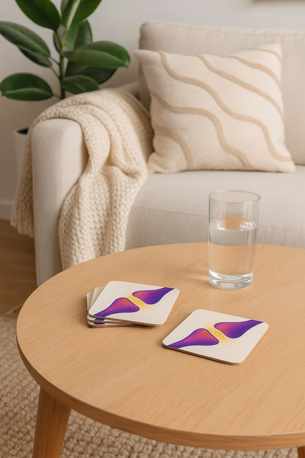 Neurotransmitter Purple Synapse Cork Coaster (4-Pack) _ Home Decor _ BioBrainBuddies _ biology gifts, brain art, brain coasters, geek gift, lab decor, nerdy home decor, neuron art gift, neuroscience decor, psychology student gift, purple aesthetic decor, science coasters, science teacher gift, scientist mug coaster, synapse coaster