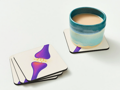 Neurotransmitter Purple Synapse Cork Coaster (4-Pack) _ Home Decor _ BioBrainBuddies _ biology gifts, brain art, brain coasters, geek gift, lab decor, nerdy home decor, neuron art gift, neuroscience decor, psychology student gift, purple aesthetic decor, science coasters, science teacher gift, scientist mug coaster, synapse coaster