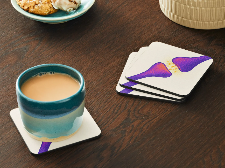 Neurotransmitter Purple Synapse Cork Coaster (4-Pack) _ Home Decor _ BioBrainBuddies _ biology gifts, brain art, brain coasters, geek gift, lab decor, nerdy home decor, neuron art gift, neuroscience decor, psychology student gift, purple aesthetic decor, science coasters, science teacher gift, scientist mug coaster, synapse coaster