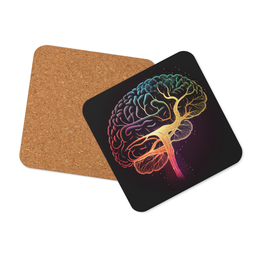 Brainstorm - Cork-back coaster - Vibrant Colourful Brain Design - BioBrainBuddies