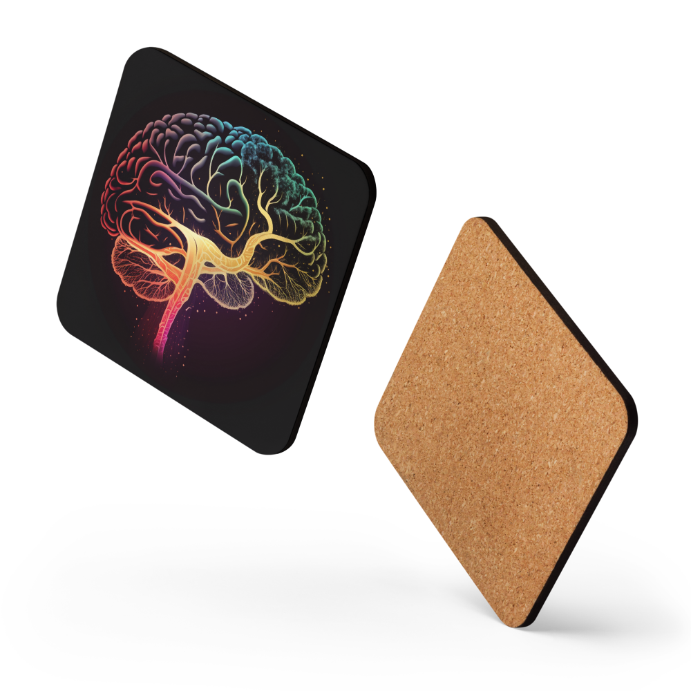 Brainstorm - Cork-back coaster - Vibrant Colourful Brain Design - BioBrainBuddies