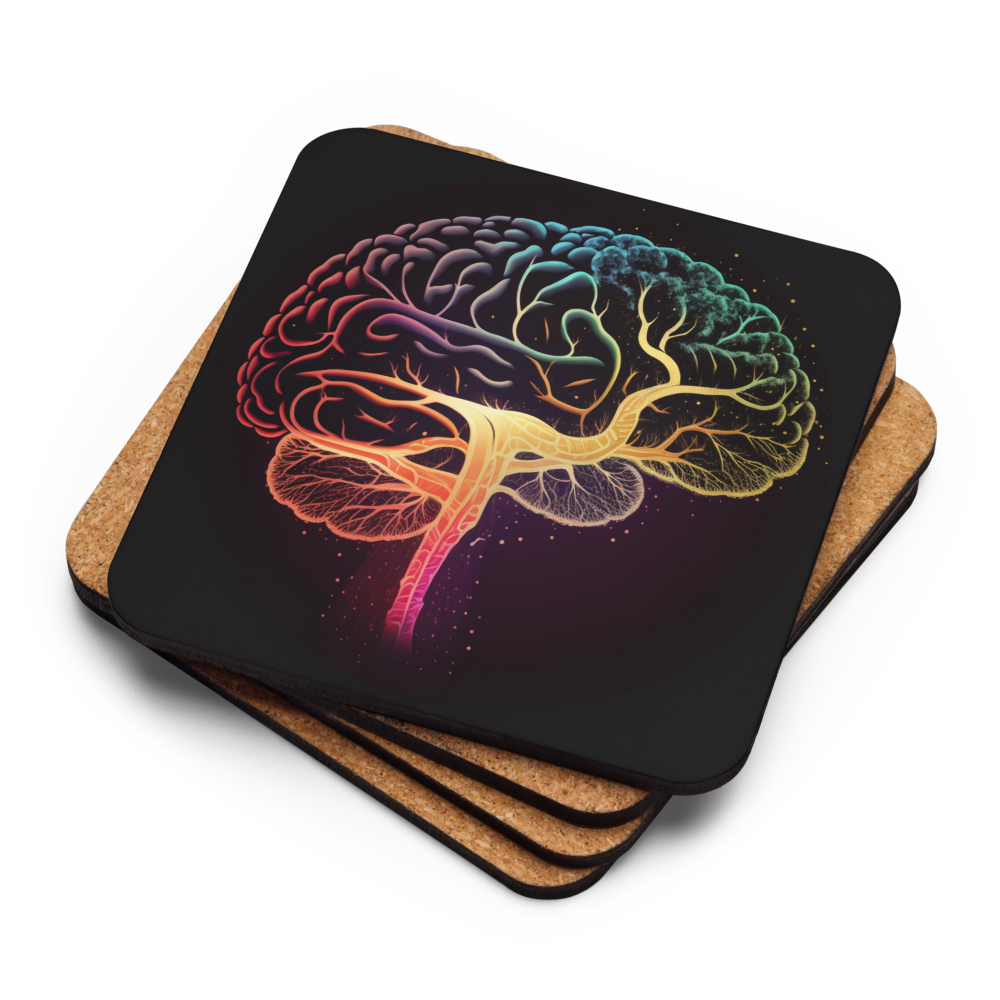 Brainstorm - Cork-back coaster - Vibrant Colourful Brain Design - BioBrainBuddies