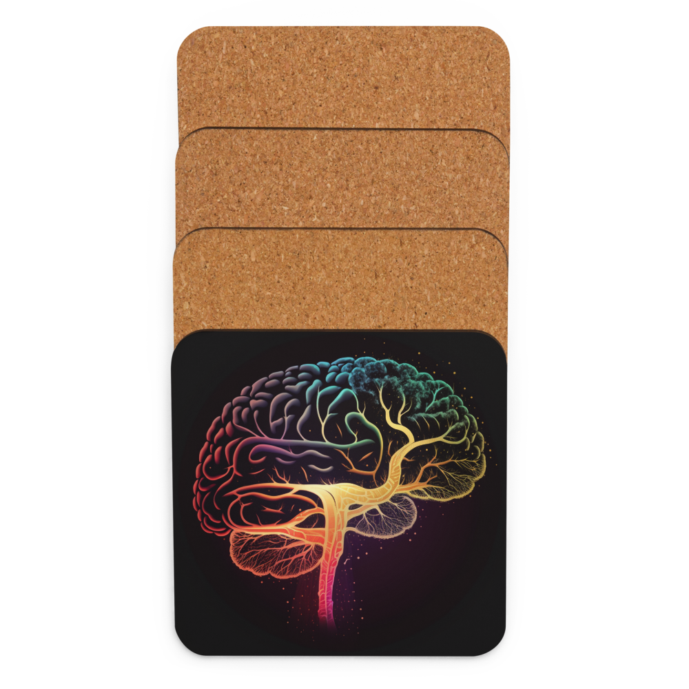 Brainstorm - Cork-back coaster - Vibrant Colourful Brain Design - BioBrainBuddies