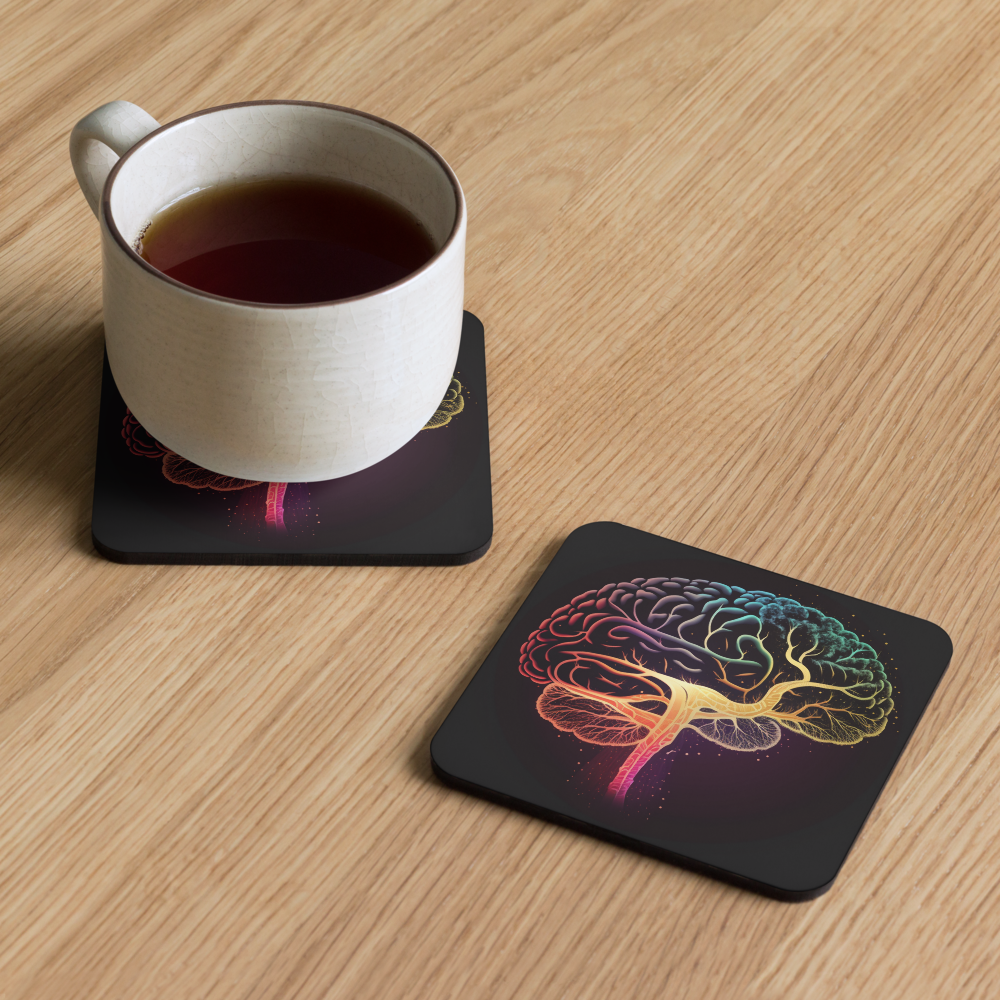 Brainstorm - Cork-back coaster - Vibrant Colourful Brain Design - BioBrainBuddies