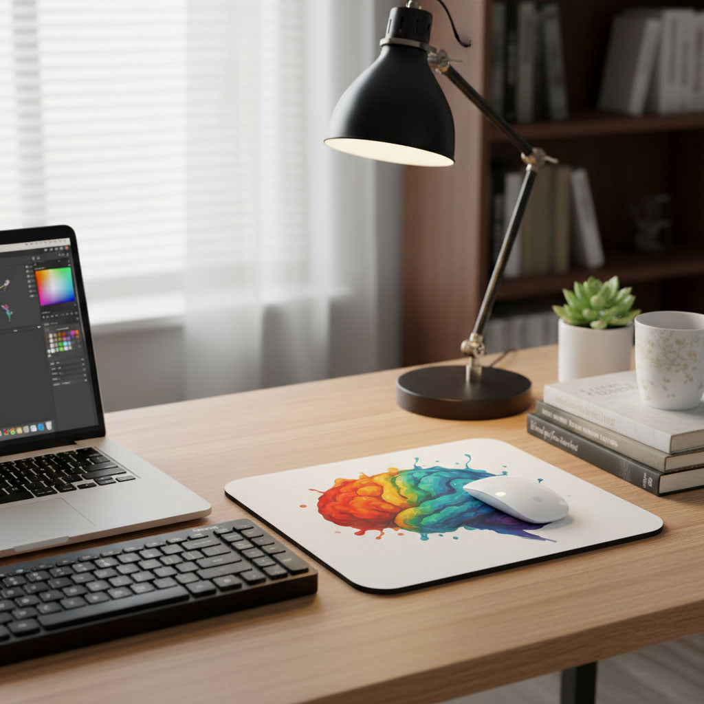 Vibrant Brain Mouse Pad For Your Desk _ Home Decor _ BioBrainBuddies _ brain art, brain gift, brain lover, Brain mouse mat, lab gift, neuro mouse pad, neuro study decor, neurology, neuroscience, phd gift, psychology, science gift, student gift