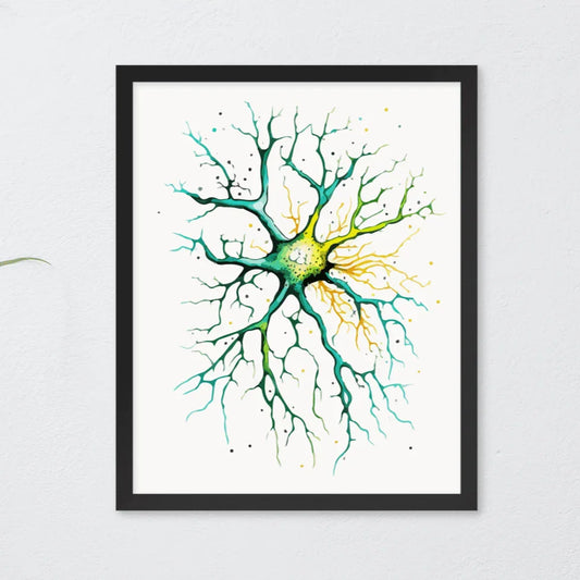 Neural Emerald - Framed Poster - Neuron Watercolour Style Print Art _ Poster _ SolisSleep _ biology gift, Brain, Brain anatomy, Brain design, Brain study aid, cells, Colorful wall art, neurology, Neurons, Neuroscience, Neuroscience poster, Psychology art, Science decor, Unique gift idea