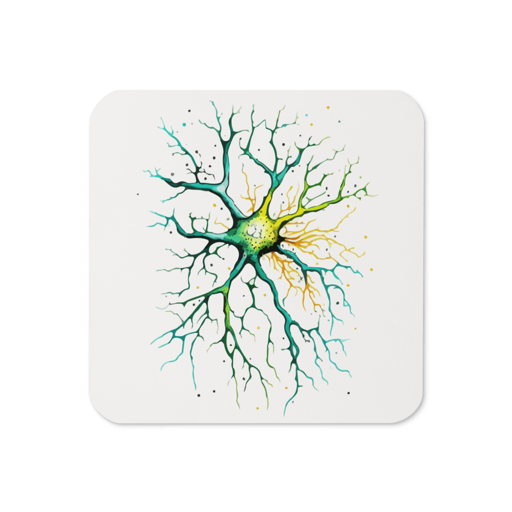 Neural Emerald - Cork-back coaster - Neuron Watercolour Style Print Art - BioBrainBuddies