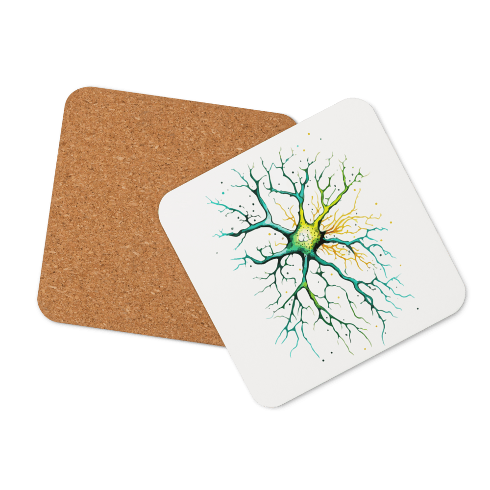 Neural Emerald - Cork-back coaster - Neuron Watercolour Style Print Art - BioBrainBuddies