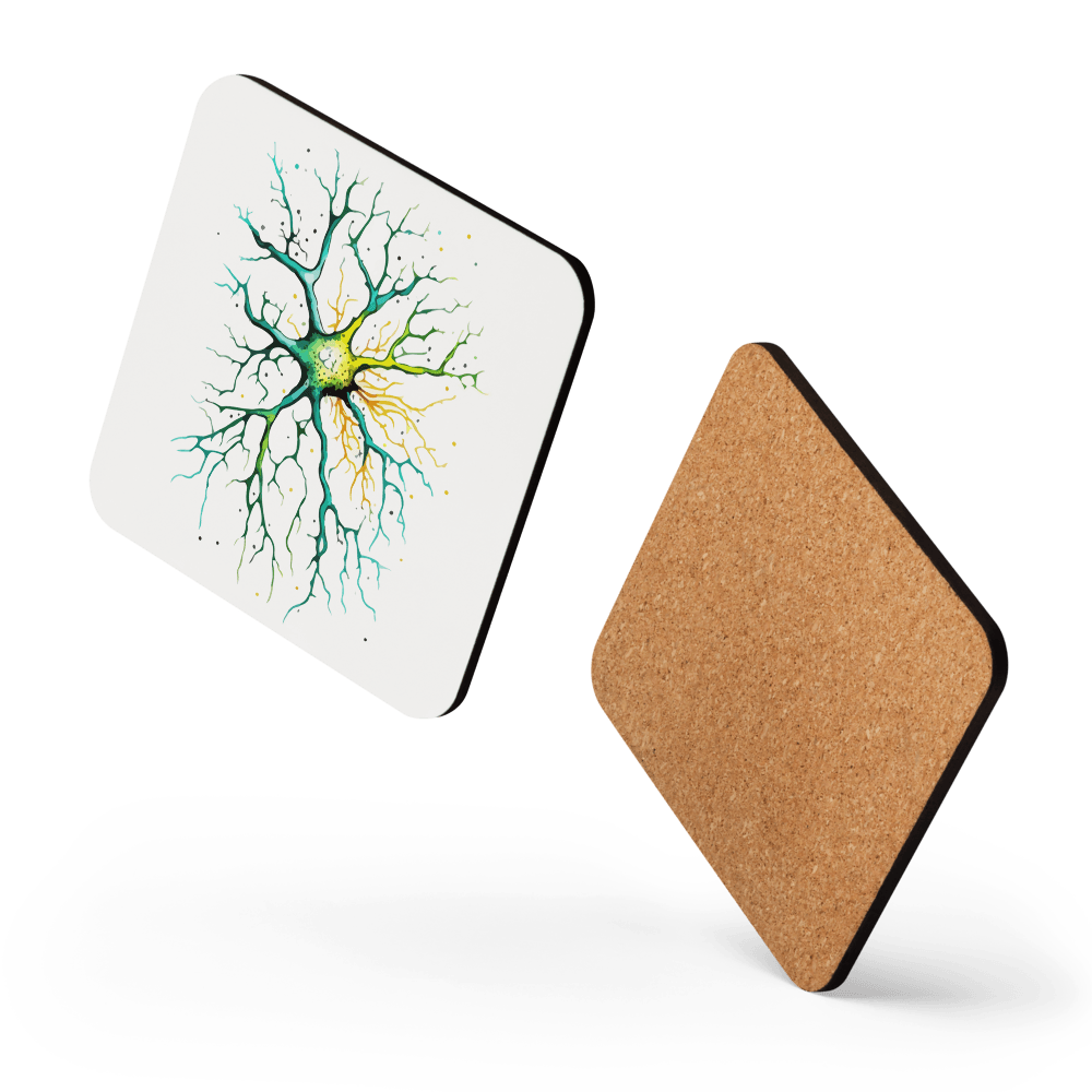 Neural Emerald - Cork-back coaster - Neuron Watercolour Style Print Art - BioBrainBuddies