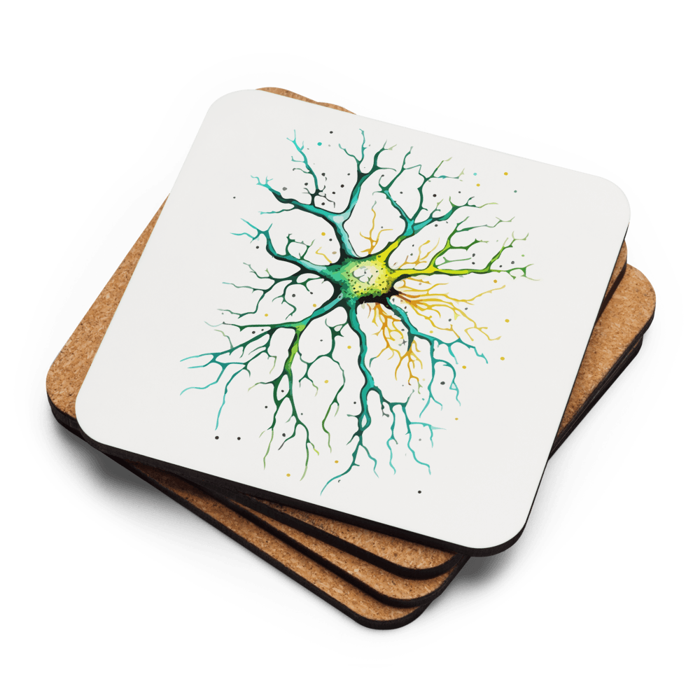 Neural Emerald - Cork-back coaster - Neuron Watercolour Style Print Art - BioBrainBuddies