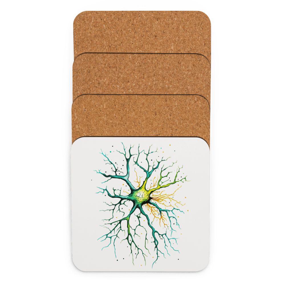 Neural Emerald - Cork-back coaster - Neuron Watercolour Style Print Art - BioBrainBuddies