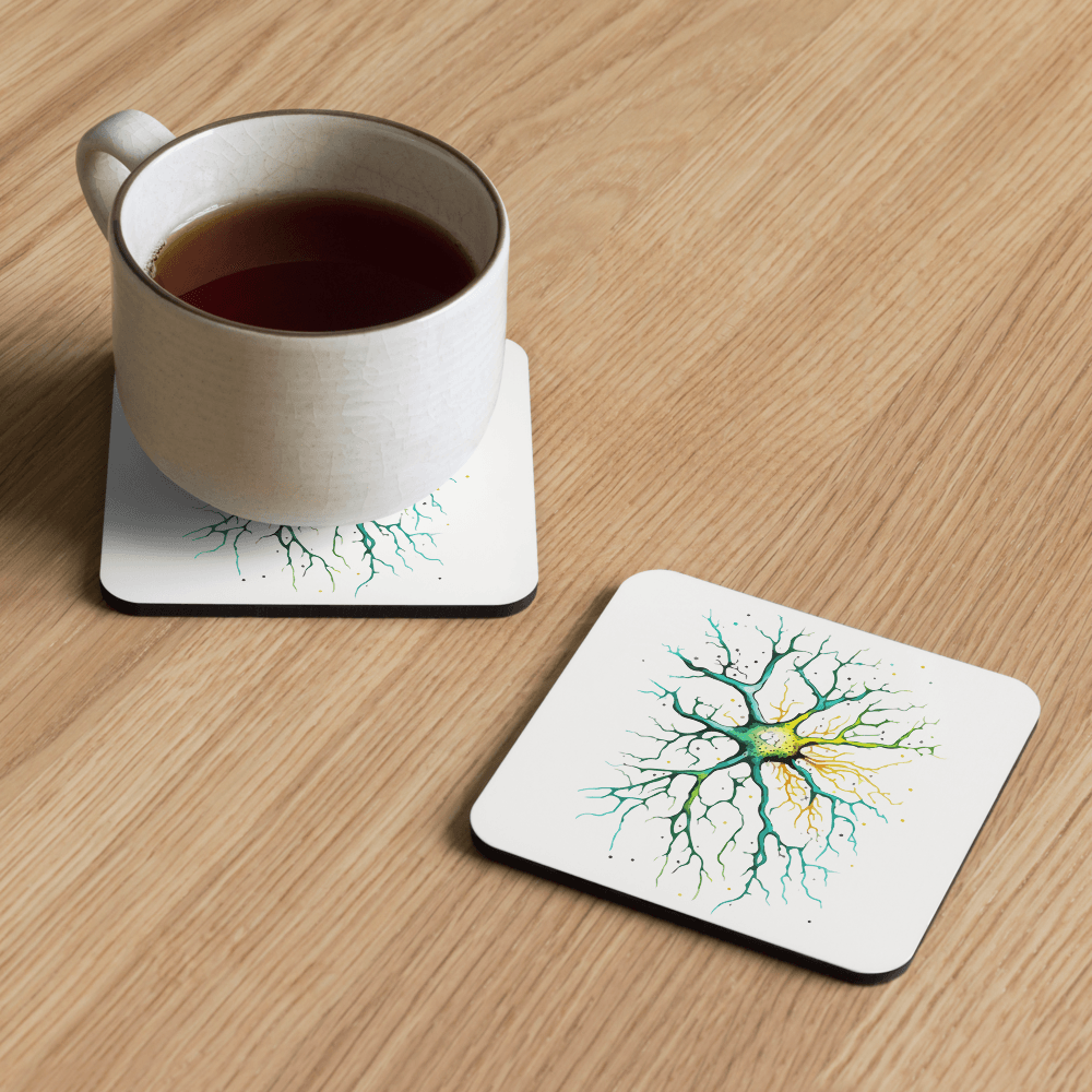 Neural Emerald - Cork-back coaster - Neuron Watercolour Style Print Art - BioBrainBuddies